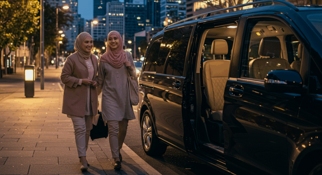 Malay couple getting into a black chauffeur car in Perth city