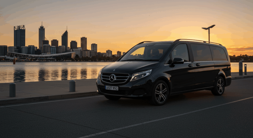 Mercedes V-Class hitam mewah di Elizabeth Quay Perth dengan latar belakang bandar dan cahaya matahari terbenam
