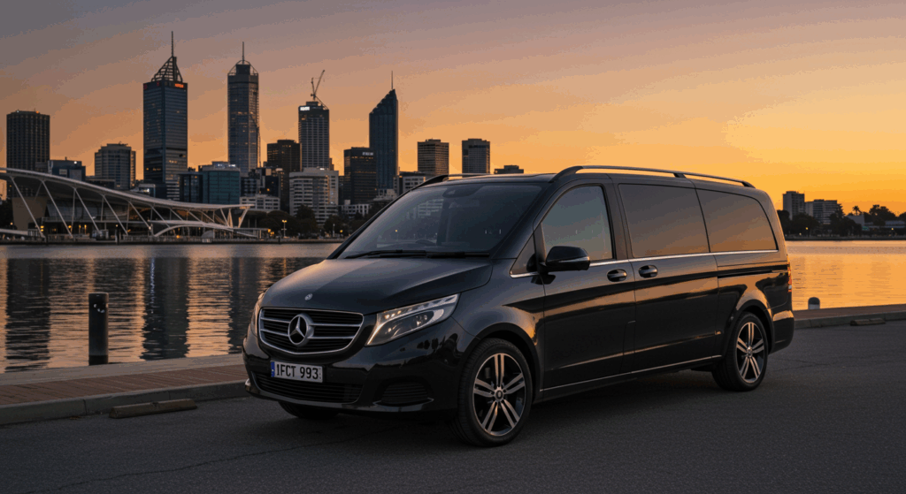 Mercedes V-Class hitam mewah di Elizabeth Quay Perth dengan latar belakang bandar dan cahaya matahari terbenam