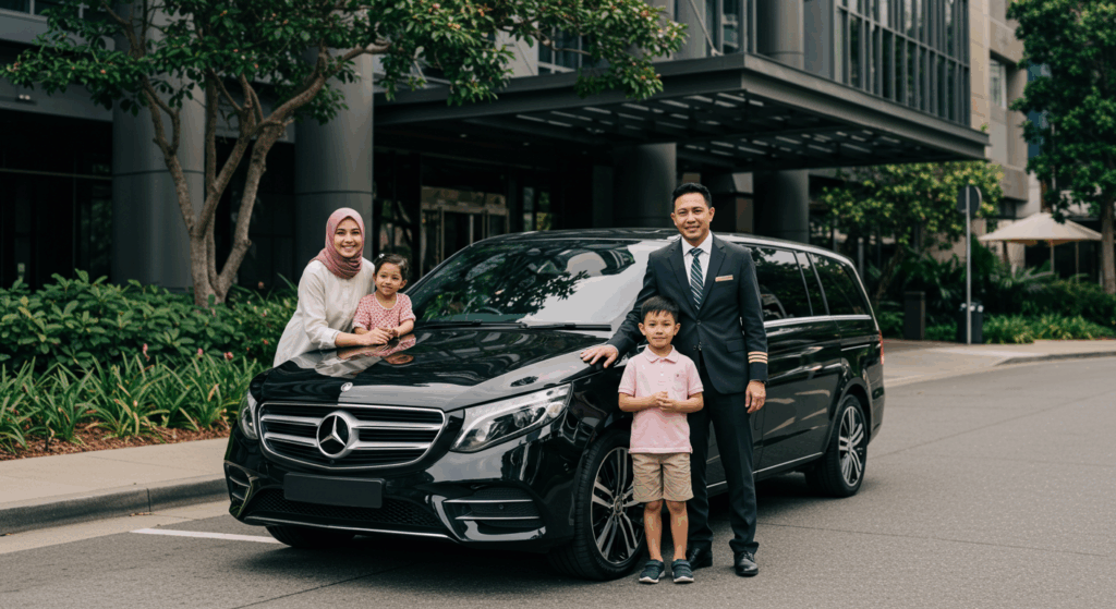 Pelancong Malaysia bergambar dengan chauffeur dan V-Class hitam di depan Bell Tower