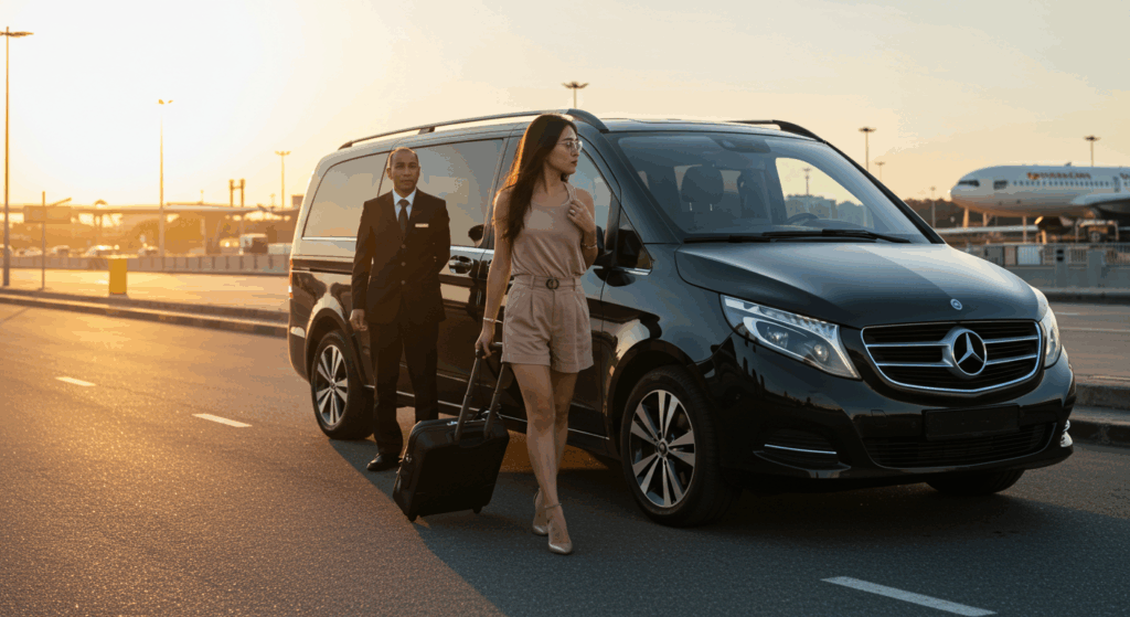 Southeast Asian woman arriving at Perth Airport greeted by chauffeur beside black Mercedes V-Class in golden hour lighting